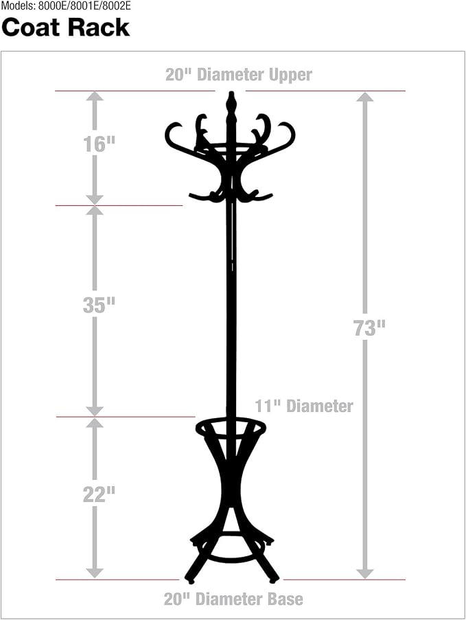 8000 Floor Standing Hat and Coat Rack with Umbrella Stand, Wood with brown Paint Finish