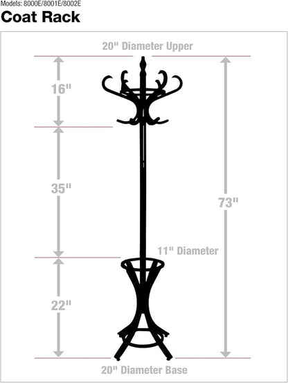 8000 Floor Standing Hat and Coat Rack with Umbrella Stand, Wood with brown Paint Finish