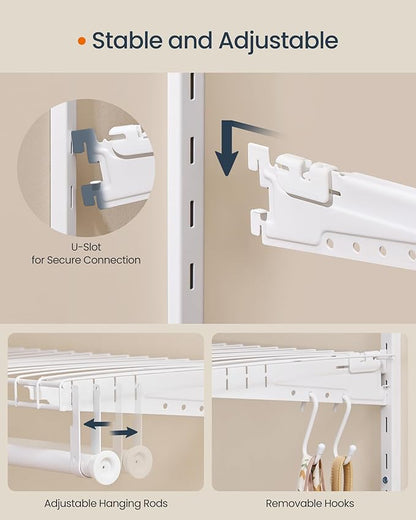 SONGMICS HOME Closet System, Closet Insert Organizer, 4-6 ft, Adjustable Metal Shelving Unit with 4 Hanging Rods, 4 Shelves, and Hooks, for Pantry Mudroom Garage Basement, Cloud White URGR031W01