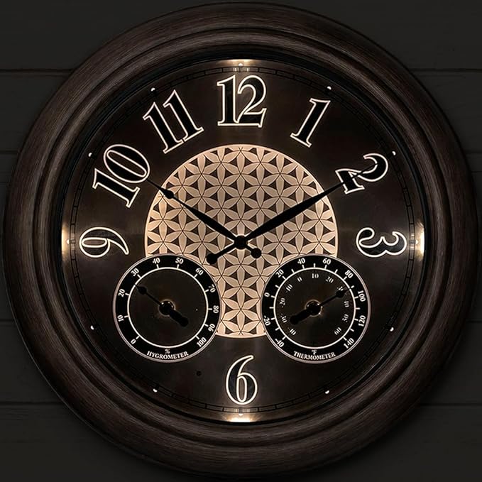 Presentime & Co. 18 Inch Illuminated Outdoor Clock, Waterproof Lighted Large Wall Clock with Thermometer & Hygrometer, Elegant & Vintage Home Decor for Garden, Patio, Pool, Grey Oak Finish