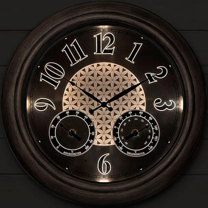 Presentime & Co. 18 Inch Illuminated Outdoor Clock, Waterproof Lighted Large Wall Clock with Thermometer & Hygrometer, Elegant & Vintage Home Decor for Garden, Patio, Pool, Grey Oak Finish
