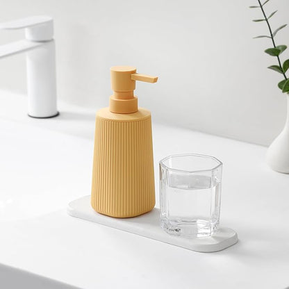 Small Soap Dispenser for Bathroom and Kitchen, Modern Farmhouse Striped Style Plastic Hand Soap Dish Soap Dispenser with Pump Matte Yellow