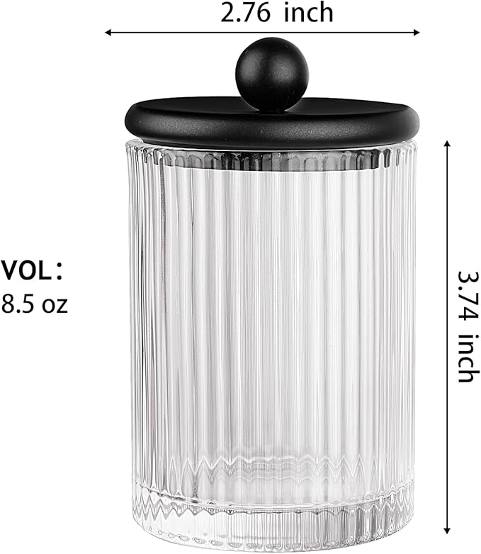 SheeChung 2 Pack Glass Qtip Holder - Apothecary Jars Bathroom Organizer with Metal Lids - Countertop Vanity Canister Set for Cotton Swabs, Rounds, Floss Picks-Modern Luxury Decor (Black Ribbed)