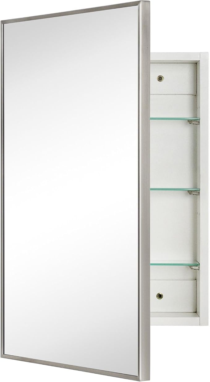 TEHOME 17.5'' x 29'' Brushed Nickel Recessed and Surface Mount Bathroom Medicine Cabinet with Mirror Square Cornered Metal Framed Rounded Rectangle Medicine Cabinet Mirror