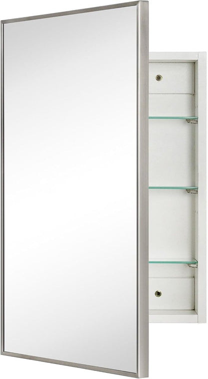 TEHOME 17.5'' x 29'' Brushed Nickel Recessed and Surface Mount Bathroom Medicine Cabinet with Mirror Square Cornered Metal Framed Rounded Rectangle Medicine Cabinet Mirror