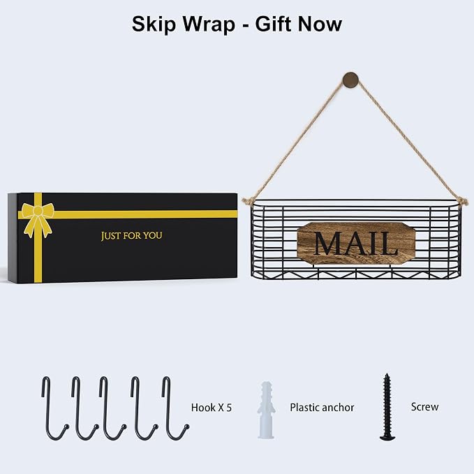 SRIWATANA Mail Holder, Rustic Mail Organizer Wall Mount Hanging Mail Sorter Letter Basket with 5 Key Holder for Wall, Large, Carbonized Black