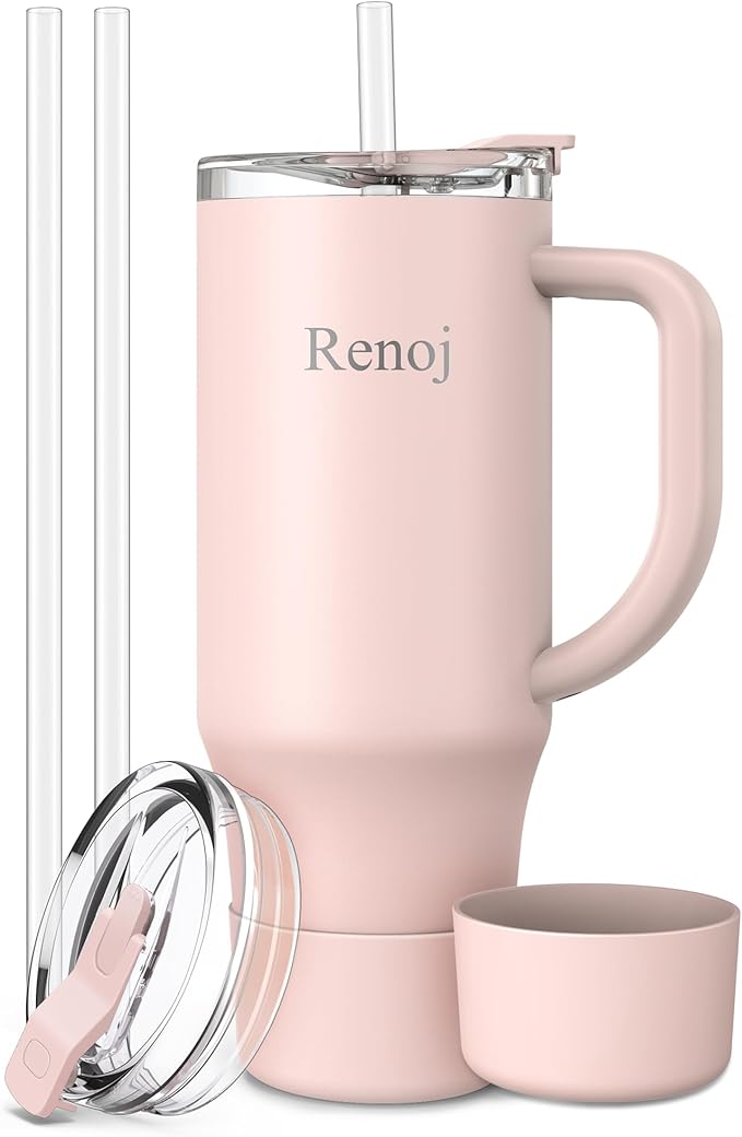 Renoj Tumbler with Handle 100% Leak Proof Insulated Water Bottle for Iced Coffee & Hot Drinks - Fits Car Cup Holder, Ideal Gift, 2 Straws & Silicone Boot BPA-Free - SnapShift Light Pink 32 oz