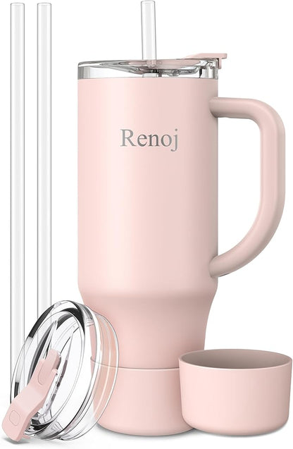 Renoj Tumbler with Handle 100% Leak Proof Insulated Water Bottle for Iced Coffee & Hot Drinks - Fits Car Cup Holder, Ideal Gift, 2 Straws & Silicone Boot BPA-Free - SnapShift Light Pink 32 oz