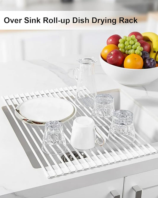 Roll Up Dish Drying Rack Over Sink, 16.93" x 12.99" Foldable Silicone Wrapped Stainless Steel Over The Sink Dish Drying Rack, White