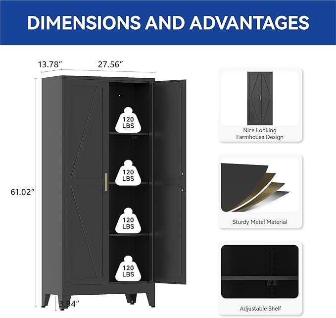 COFaR Black Metal Cabinet, 61 in Tall Metal Storage Cabinet with 3 Adjustable Shelves and Barn Doors, Farmhouse Cabinet Pantry Cupboard for Garage Office Room Kitchen Shop, Black 4 Tiers