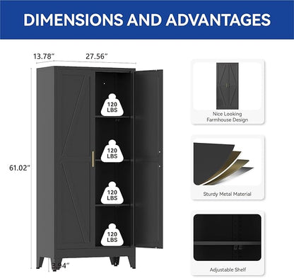 COFaR Black Metal Cabinet, 61 in Tall Metal Storage Cabinet with 3 Adjustable Shelves and Barn Doors, Farmhouse Cabinet Pantry Cupboard for Garage Office Room Kitchen Shop, Black 4 Tiers