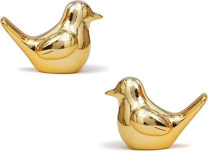 Artconal Small Gold Bird Statue Ceramic 2-Piece Set, 3¾ inch Cute Knick Knack for Home Office Shelf Desk Decor