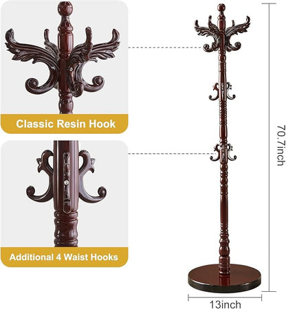 Wooden Coat Rack Stand, Vintage Natural Birch Wood Coat Racks Freestanding, Solid Wood Coat Tree Stand with 14 Hooks, Classic Sturdy Coat Racks Hall Tree for Entryway, Office (Round chassis)