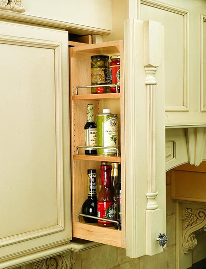 Rev-A-Shelf 6"W x 33"H Pull Out Quad Shelf Organizer for Wall & Base Kitchen Cabinets, Full Extension Filler Spice Rack, Adjustable, Wood, 432-WF33-6C