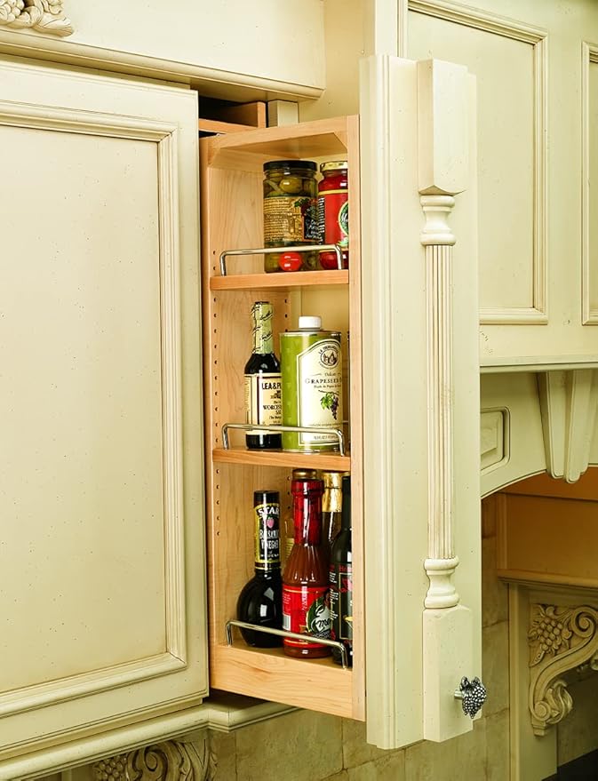 Rev-A-Shelf 6" W x 36" H Pull Out Quad Shelf Organizer for Wall & Base Kitchen Cabinets, Full Extension Filler Spice Rack, Adjustable, Wood, 432-WF36-6C
