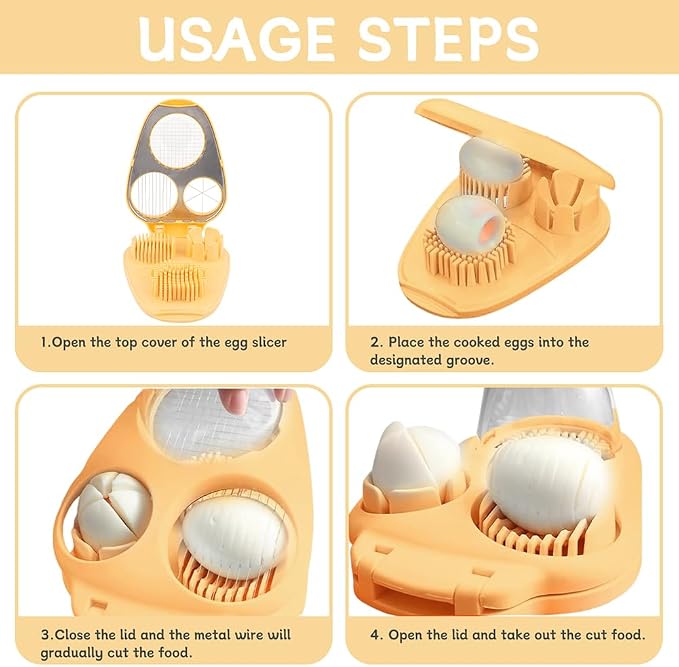 3 in 1 Boiled Egg Slicer, Manual Egg Slicer for Hard Boiled Eggs, 3 Slice Modes Chopper Cutter Stainless Steel Dicer, Kitchen Gadget for Butter Strawberry Tomato, Labor Saving (Yellow)