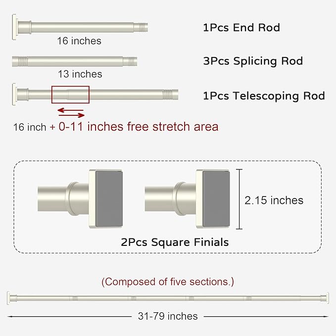 UIOSANRT Brushed Nickel Shower Curtain Rod 31-79 Inches Non-Slip Shower Rod Tension Mounted No Drill Tension Shower Curtain Rods Spring Tension Rod for Windows Bathroom