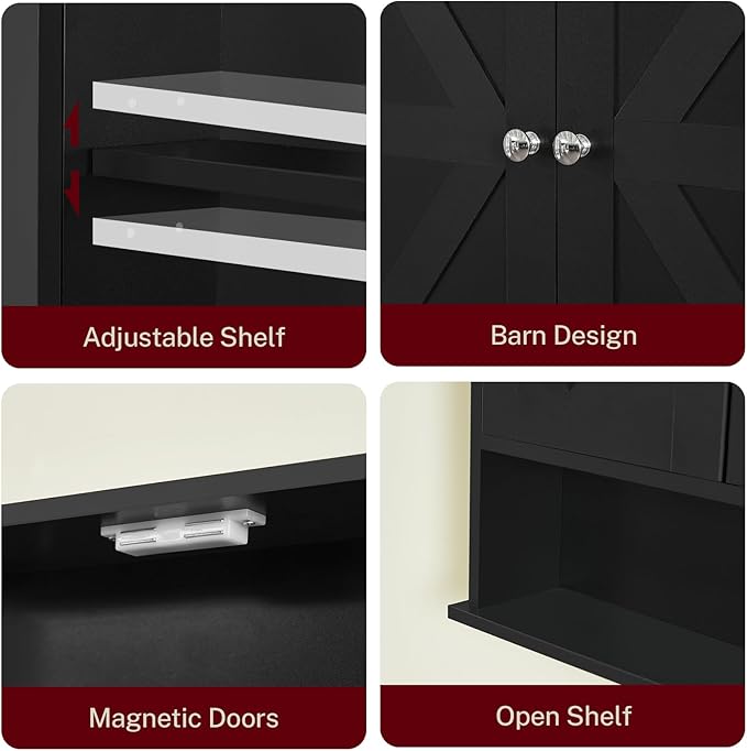 TEENFON Bathroom Wall Cabinet, Bathroom Cabinet with Barn Doors & Adjustable Shelf, Over The Toilet Storage Cabinet, Medicine Cabinet, Black UNGGX001HV1