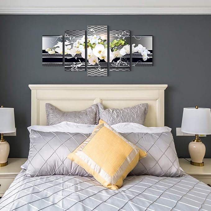 5 Piece Wall decor Canvas art for living room Picture Butterfly Orchid Flowers Contemporary Black White Abstract prints Modern Home bedroom Wall decorations inspirational wall art posters artwork