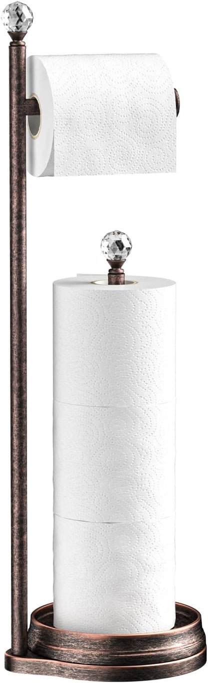 KASUNTO Toilet Paper Holder for Bathroom, Heavy Weighted Metal Free Standing Toilet Paper Holder Stand with Crystal Ball, Toilet Paper Roll Stand for Bathroom Accessories (Oil Rubbed Bronze)