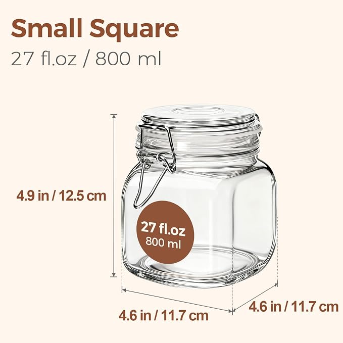 ComSaf 6-Pack 27oz Square Glass Pantry Canisters, Aesthetic Food Storage Jars for a Full Makeover, Modular Containers for Coffee, Sugar, Cookies, Snacks & Spices