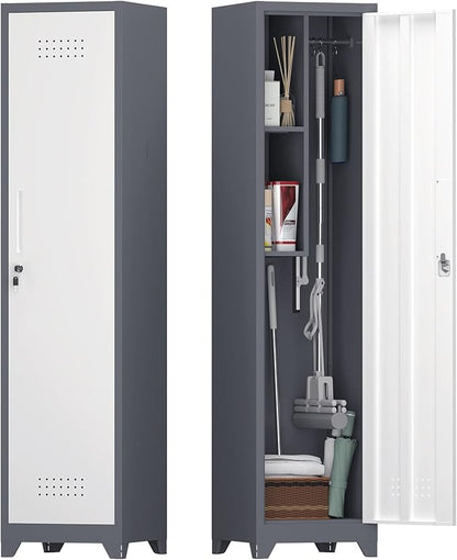 Narrow Storage Cabinet,Metal Slim Cabinet with Shelves,Utility Storage Cabinet with Hanging Rod,Tall Bathroom Storage Cabinets with Locking Door for Office, Gym, Garage,Grey