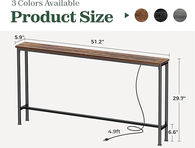 SUPERJARE 51.2 Inch Sofa Table with Power Outlet and USB-C Port, 5.9 Inch Narrow Console Table, Entryway Hallway Couch Table with Storage, Behind Sofa, Small Spaces, Living Room, Rusitc Brown