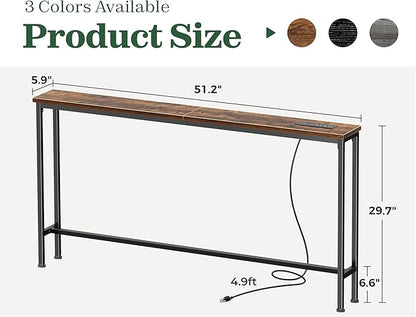 SUPERJARE 51.2 Inch Sofa Table with Power Outlet and USB-C Port, 5.9 Inch Narrow Console Table, Entryway Hallway Couch Table with Storage, Behind Sofa, Small Spaces, Living Room, Rusitc Brown