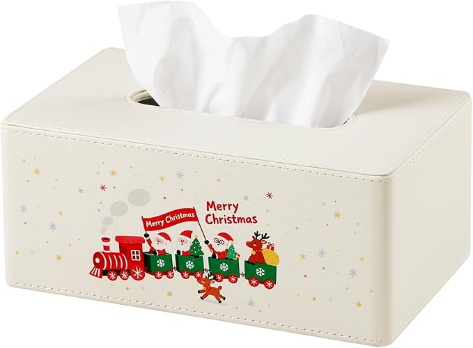 Square Christmas-Themed Tissue Box Cover with A Magnetic Bottom,A Stylish Leather-Decorated Tissue Holder for Living Rooms, Bedrooms, and Office Desks (White Rectangle)