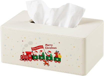 Square Christmas-Themed Tissue Box Cover with A Magnetic Bottom,A Stylish Leather-Decorated Tissue Holder for Living Rooms, Bedrooms, and Office Desks (White Rectangle)