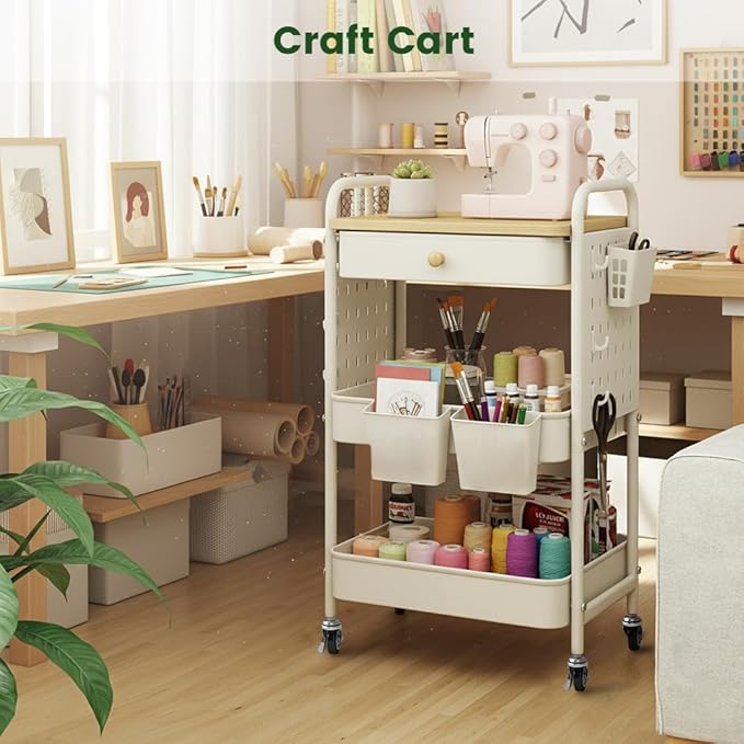 danpinera Rolling Utility Cart with Drawer, 3 Tier Rolling Cart with Wheels, Hooks & Hanging Cups, Craft Cart Art Cart Snack Cart Rolling Storage Cart with Wooden Table Top & DIY Pegboards, White
