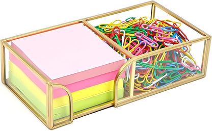 Glass Sticky Note Holder,2 Slots Gold Post It Note Dispenser for Desk,3 x 3 Inch Post It Note Holder, Stylish Sticky Note Dispenser for Home Office Desk Table Drawer