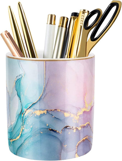 WAVEYU Large Capacity Colored Pen Holder for Desk, Ceramic Pencil Holder Makeup Brush Holders, Desk Accessories & Workspace Organizers for Home, Office, Colorful Green