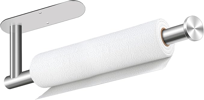 Paper Towel Holder, Self Adhesive or Drilling Paper Towel Holder Under Cabinet, Stainless Steel Paper Towel Holders Wall Mount for Kitchen, Bathroom, Sink, Pantry, Fridge (Sliver)