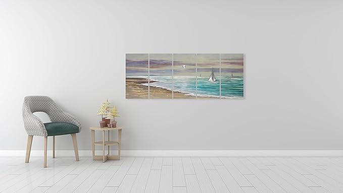 YHSKY ARTS Beach Theme Metal Wall Art - 5 Panels Aluminum Sea Waves Sculpture