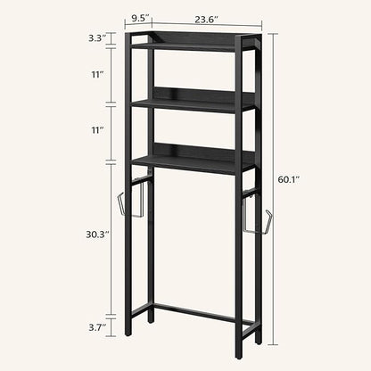 MAHANCRIS Over The Toilet Storage Rack, 3 Tier Bathroom Organizer Over Toilet, Freestanding Space Saver Toilet Stand with 2 Hooks, Bathroom Storage Shelf, Easy to Assemble, Black TSBK6001