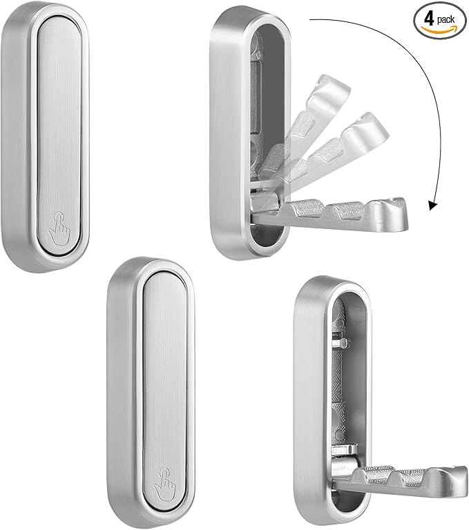 Dntorx Foldable Wall Hook, 40 lbs Heavy Duty Screw Mounted, Aluminum Alloy Flip-Down Silver Coat Hook, Space-Saving Folding Wall Hanger for Bathroom Bedroom Entryway Closet, Includes Screws (4 Pack)