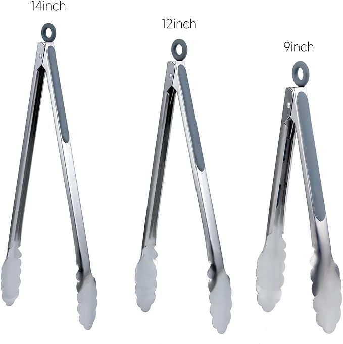 Grill Tongs Set of 3 - Stainless Steel BBQ Tongs with Lock (9, 12, 14 Inch) | Heat Resistant to 600°F | Heavy Duty & Dishwasher Safe for Grilling, Cooking, Salad (Gray)