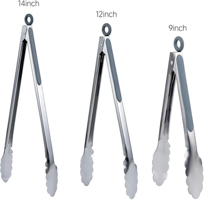Grill Tongs Set of 3 - Stainless Steel BBQ Tongs with Lock (9, 12, 14 Inch) | Heat Resistant to 600°F | Heavy Duty & Dishwasher Safe for Grilling, Cooking, Salad (Gray)