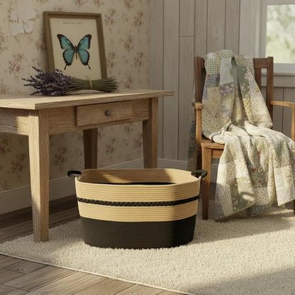 Extra large laundry basket woven from natural cotton rope with handles storage blankets for living rome big decorative quilted baskets for clothes toys pillows hamper 24"x16"x14" black