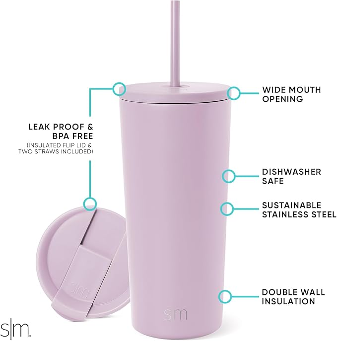 Simple Modern Insulated Tumbler with Lid and Straw | Iced Coffee Cup Reusable Stainless Steel Water Bottle Travel Mug | Gifts for Women Men Her Him | Classic Collection | 20oz | Lavender Mist