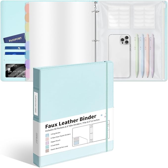 Ospelelf Leather Binder with 58 Plastic Sleeves, 3 Ring Presentation Binder for 8.5x11, Portfolio Organizer with 8 Tabbed Sleeves & Zipper Pocket for Documeents, Artwork, Certificates Blue