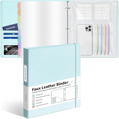 Ospelelf Leather Binder with 58 Plastic Sleeves, 3 Ring Presentation Binder for 8.5x11, Portfolio Organizer with 8 Tabbed Sleeves & Zipper Pocket for Documeents, Artwork, Certificates Blue