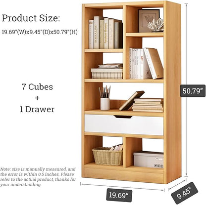 IOTXY Wooden Open Shelf Bookcase - 51" Height Freestanding Display Storage Cabinet Organizer with 7 Cubes and a Drawer, Floor Standing Bookshelf, Yellow