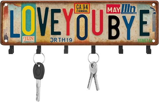 Valentines Key Holder Wall Mount Love You Bye Key Holder Hook Rack Organizer Hanger with 6 Hooks for Wall Express Love Art Sign Decor for Entryway Front Door(Vintage Style,11.8 x 4)