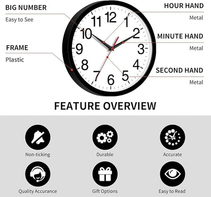 Rohioue Wall Clock Modern 10 Inch Black Battery Operated Silent Non Ticking Analog for Living Room Office Home Bedroom Kitchen Bathroom