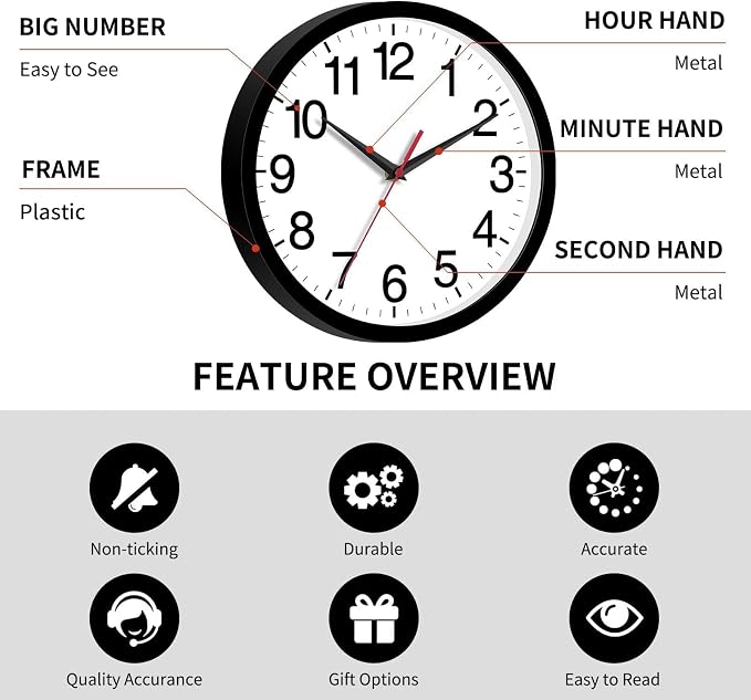 Rohioue 14 Inch Wall Clock Modern Battery Operated Silent Non Ticking Large Analog Clock for Living Room Office Home Bedroom Kitchen Bathroom(Black)