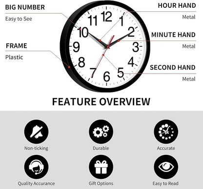 Rohioue 14 Inch Wall Clock Modern Battery Operated Silent Non Ticking Large Analog Clock for Living Room Office Home Bedroom Kitchen Bathroom(Black)