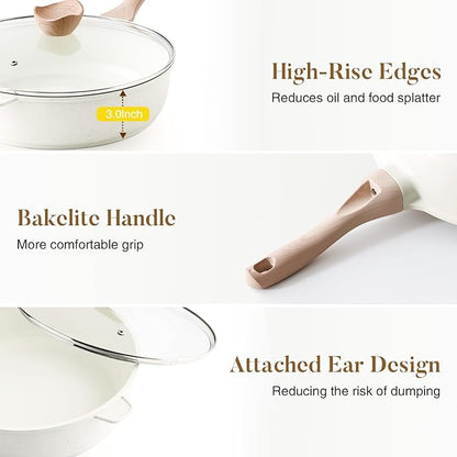 Kordisen Nonstick Ceramic Deep Frying Pan, 11 Inch Non Toxic Skillet with Lid, Healthy Jumbo Cooker, Saute Pan for Cooking, Induction Cookware, PFOA & PFAS Free (Cream)