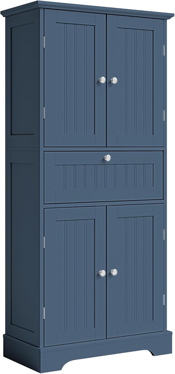 ChooChoo 51" H Tall Bathroom Floor Cabinet, Modern Bathroom Storage Cabinet with Drawer and Adjustable Shelves, Freestanding Kitchen Pantry Cupboard with 4 Doors for Living Room, Blue